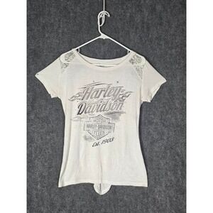 Harley‎ Davidson Womens White Lace Shoulder Graphic T Shirt Motorcycle Tee Top